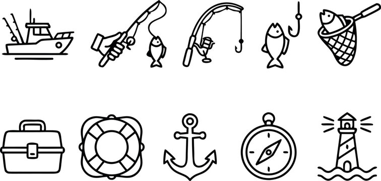Commercial fishing and maritime equipment outline vector icon set for nautical hobby apps and coastal tourism websites.
