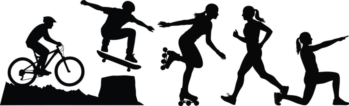 People biking skateboarding rollerblading running and doing stretching exercises vector set.