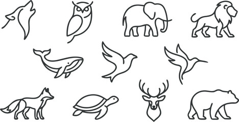 Fototapeta premium Minimal wildlife animal line art vector icon set for modern brand identity and nature conservation app design.