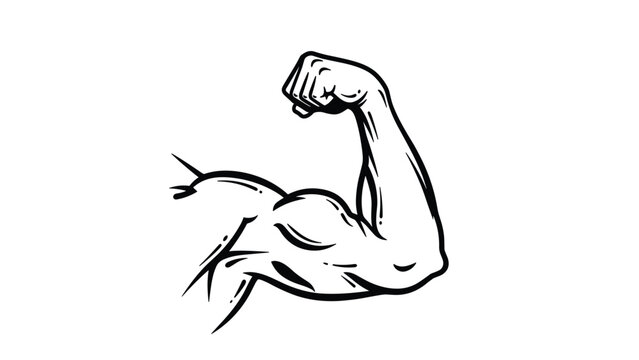 Detailed black and white line art illustration showing a strong muscular arm flexing its bicep to represent fitness and strength.