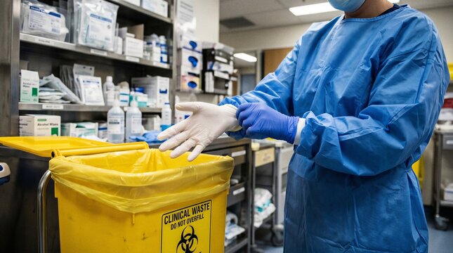 Healthcare worker wearing protective equipment and putting on gloves beside a clinical waste bin in a hospital supply room.