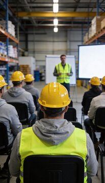 Industrial workplace safety training session with workers attending occupational risk prevention meeting in warehouse.