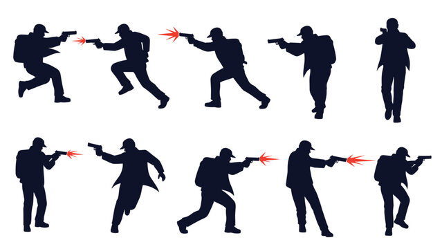 Collection of ten black silhouettes showing men in different action poses firing handguns with red muzzle flashes.