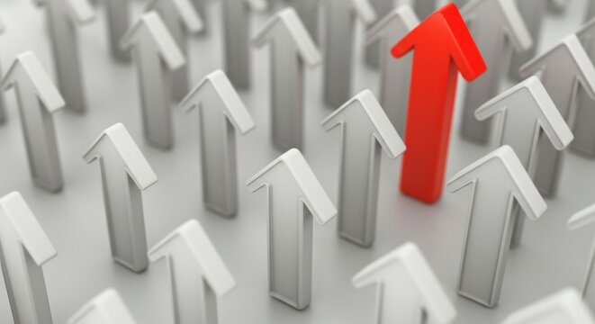 Red arrow leads a crowd of up arrows representing growth and leadership