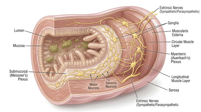 Cross‑section of intestinal wall showing enteric nervous system with submucosal and myenteric plexuses, sensory and motor neurons, smooth muscle layers and mucosa, illustrating autonomic control of di