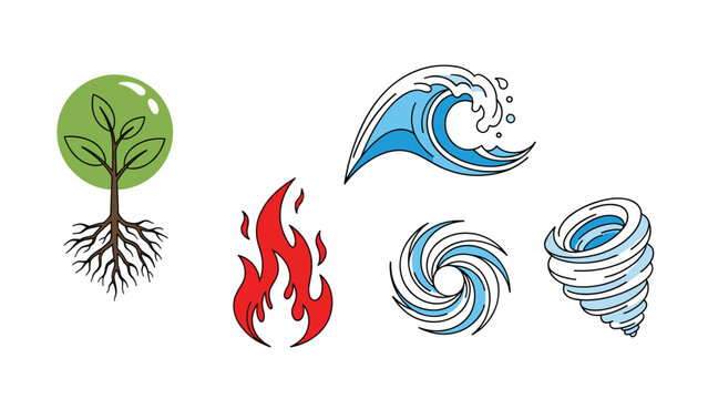 Set of five natural element icons representing earth, fire, water, air, and wind in a simple and colorful vector style.