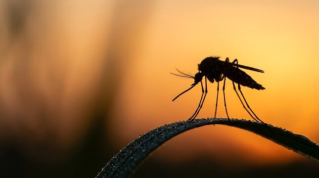 A silhouette of a mosquito perched gracefully on a leaf against a radiant sunset background. The mosquito's elongated proboscis is clearly visible.