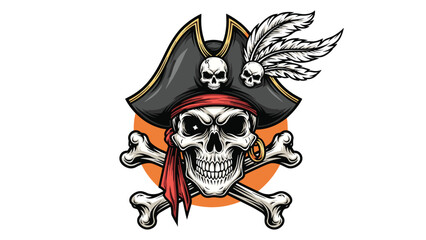 Fototapeta premium Fierce pirate skull wearing a black bicorne hat with feathers and crossed bones on a circular orange background.