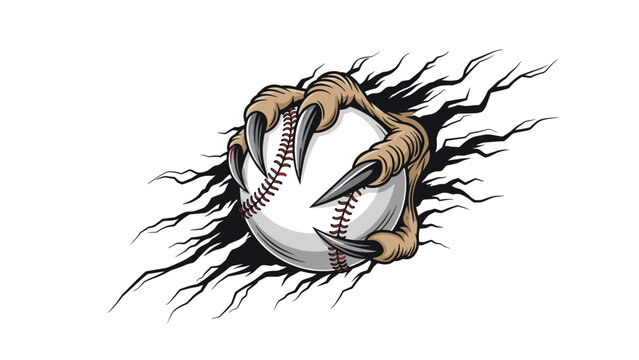 Powerful monster claws tearing through a background to grab a white baseball with red stitching in a dynamic sports style.
