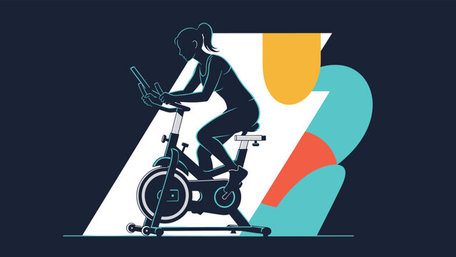 Silhouette of a woman riding a stationary exercise bike against an abstract colorful geometric background design.