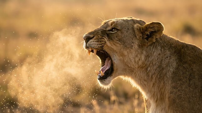 A powerful lioness roaring loudly in the wild, its breath visible in the air. The image captures the strength and untamed spirit of the wild animal