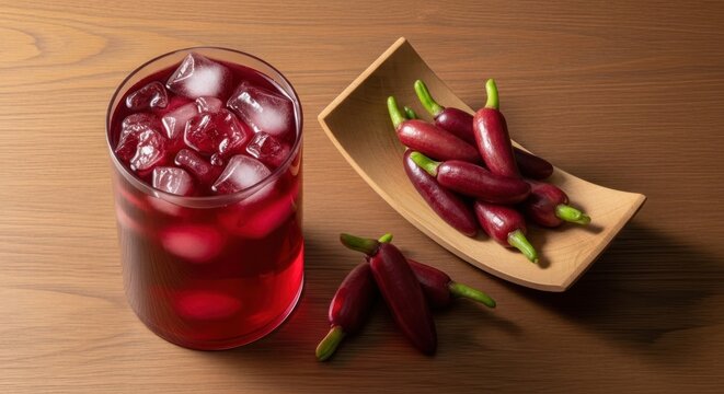 Refreshing Purple Corn Drink with Ice and Fresh Purple Corn Cobs on Wooden Table.