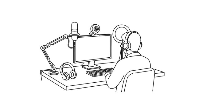 Online content creator with streaming setup computer, microphone, webcam, ring light, headphones