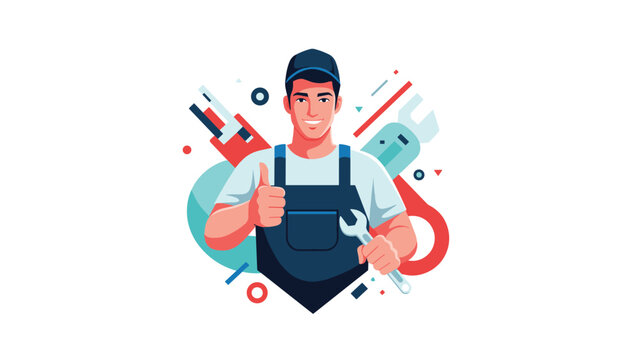 Friendly male mechanic in a work uniform and blue cap giving a thumbs up with various colorful tool shapes in the artistic background.