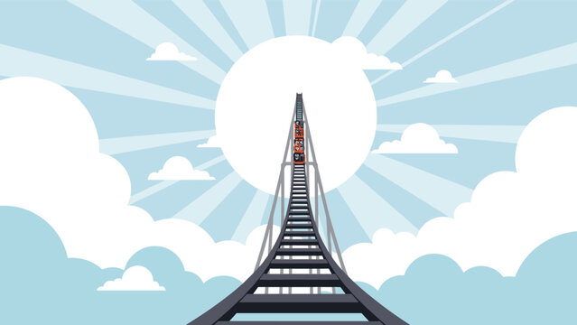 Low angle perspective looking up the track of a massive roller coaster reaching towards a large white sun in a clear and bright sky.