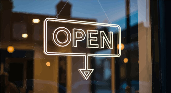 Neon open sign glowing in a shop window at night