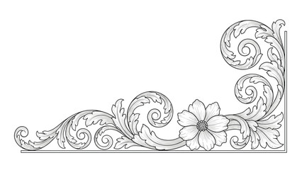 Fototapeta premium Elegant black and white corner ornament featuring an intricate floral pattern with a large flower and flowing decorative scrolls.