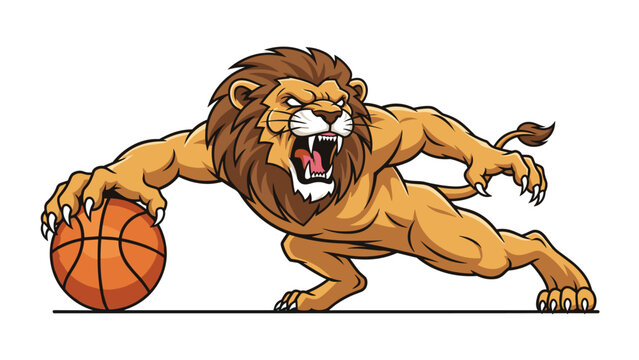 Powerful lion mascot in a low athletic crouch dribbling an orange basketball with sharp claws on a simple white background.