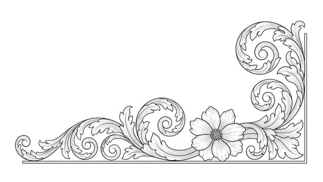 Elegant black and white corner ornament featuring an intricate floral pattern with a large flower and flowing decorative scrolls.
