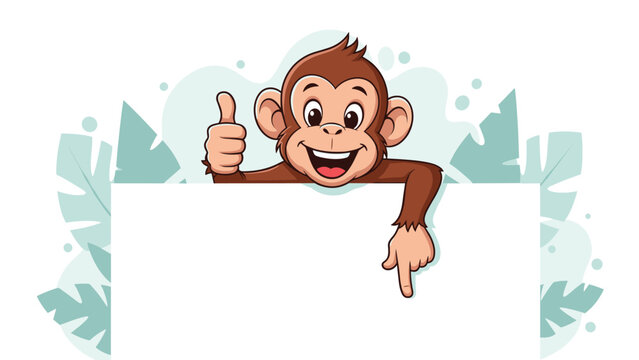 Cheerfully smiling cartoon monkey character leaning over the top of a large blank white sign and pointing downwards with his hand.