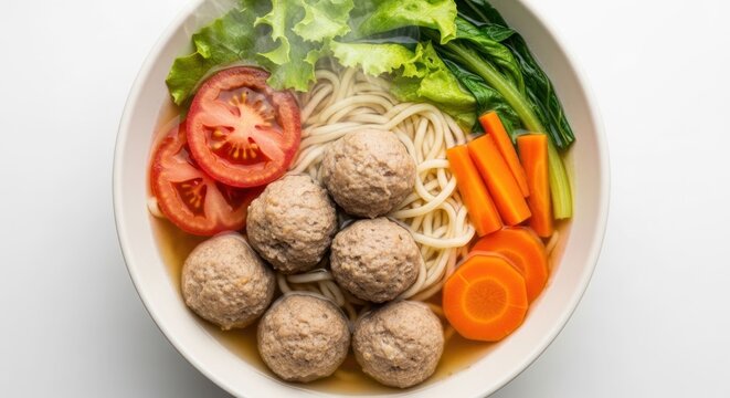 Steaming bowl of bakso with noodles meatballs and fresh vegetables.