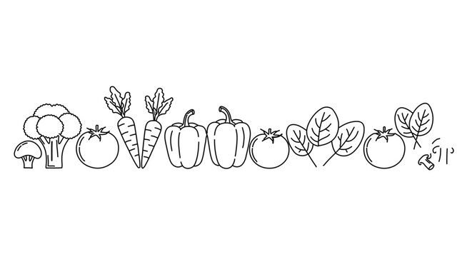 Hand drawn vegetable border with broccoli, carrots, peppers, tomatoes, spinach and mushrooms