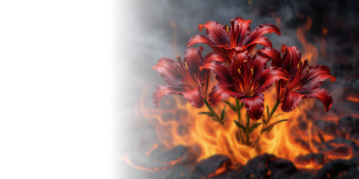 Vibrant red lilies bloom defiantly amidst fiery lava and smoke.