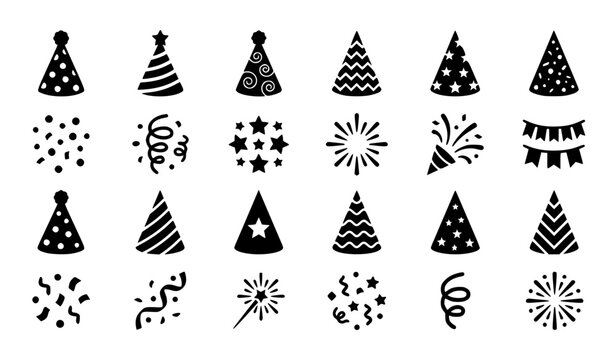 Party hat and confetti silhouette icon set for celebration and ice cream themed vector design