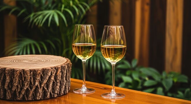 Two Elegant Wine Glasses with White Wine on a Wooden Table.