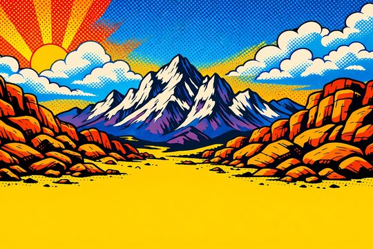 Vibrant pop art comic book style landscape featuring rugged mountains a bright sun and halftone dot patterns. This retro graphic design is ideally suited for creative artistic backgrounds.