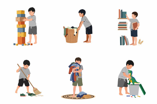 Set of illustrations depicting a young boy doing daily household chores like sweeping, organizing books, tidying toys, and helping with laundry.