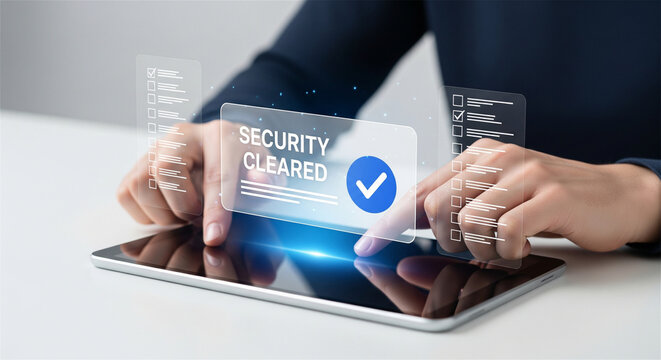 Person using tablet for digital security clearance with verified checkmark hologram