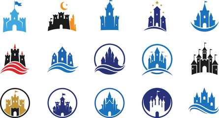 Castle and Fortress Icon Set with Stylized Towers Flags Circular Frames Waves Fantasy Fairy Tale Real Estate Vector Designs © MDFiroj