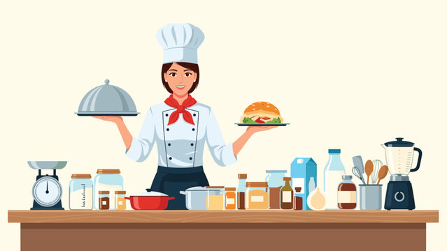 Professional female chef in a white uniform and hat presenting a delicious burger and a cloche on a table with ingredients.