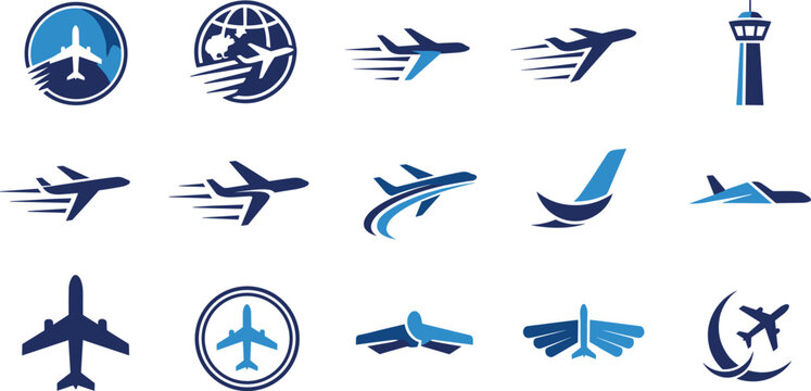 Airplane and Aviation Icon Set with Stylized Flight Planes Wings Air Traffic Control Tower Logos for Airline Travel Transport Vector Designs