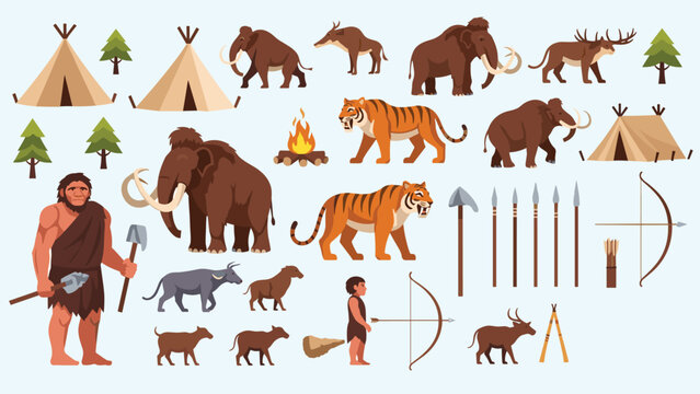 Comprehensive prehistoric life illustrations including cavemen, woolly mammoths, sabertooth tigers, primitive huts, and ancient weapons.