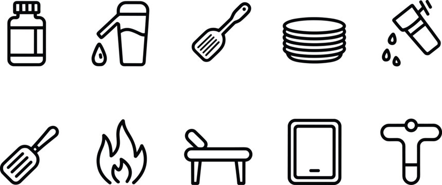 Household and kitchen line icons set including cleaning bottle mop spatula plates fire bench and mobile device symbols