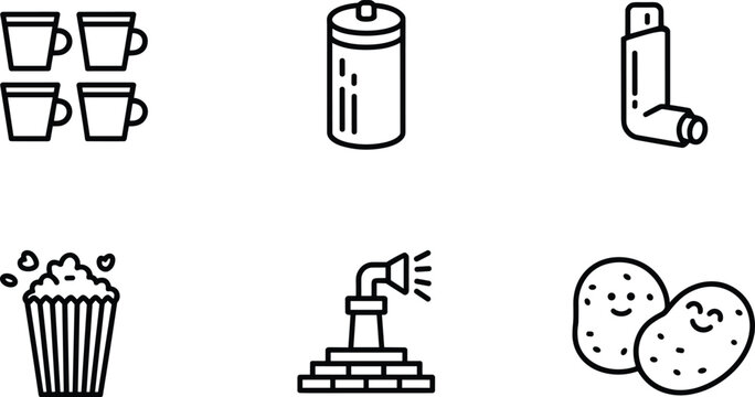 Household and snack icons set featuring coffee cups spray can inhaler popcorn dispenser and cookies vector illustration