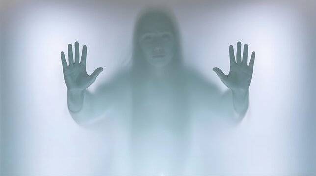 Silhouette myst&eacute;rieuse derri&egrave;re un rideau translucide avec les mains