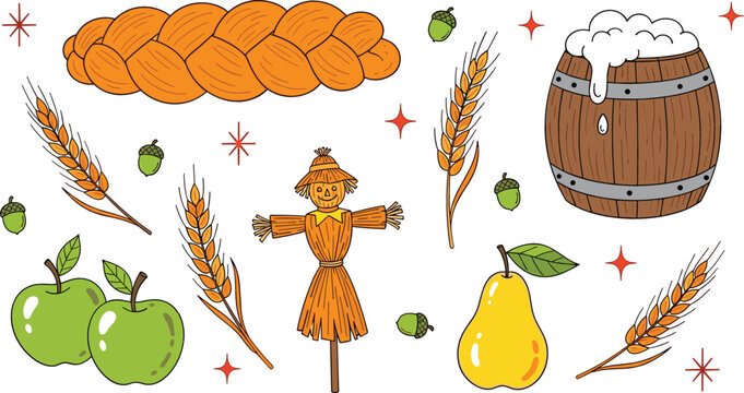 Autumn harvest elements set featuring wheat apples pears barrel and scarecrow seasonal farming illustration in colorful cartoon vector style