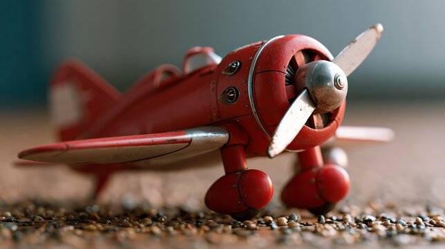 Avion miniature rouge vintage pos&eacute; sur une surface granuleuse textur&eacute;e