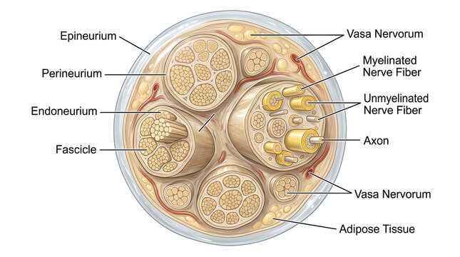 Cross‑sectional anatomy of a peripheral nerve fascicle showing bundles of myelinated and unmyelinated axons surrounded by endoneurium, perineurium and epineurium with vasa nervorum and adipose tissue 