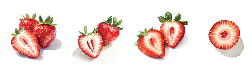 A Collection of sliced strawberry painting designs, Hand-painted style, vectorized, vector set available in EPS, Simple Hand-painted watercolor style, vector set available in EPS, watercolor fruits © Zizak