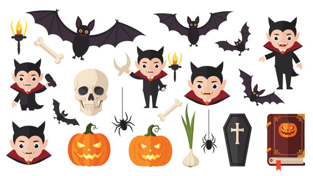 Festive Halloween themed set featuring cartoon vampires, bats, pumpkins, a skull, a coffin, and a spooky book of spells on white.