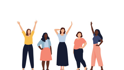 Fototapeta premium Diverse group of women standing together with arms raised in celebration, representing female empowerment, friendship, and diversity.
