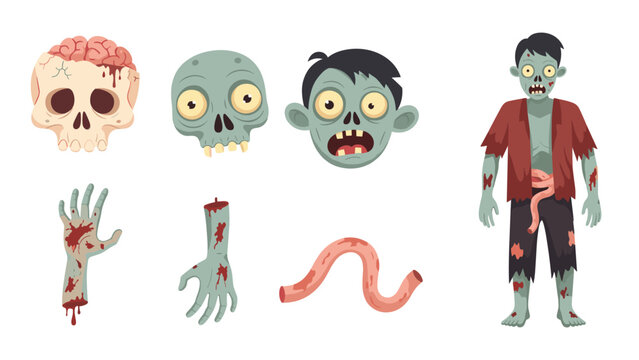 Spooky collection of zombie body parts including a green severed hand, crawling intestines, skulls, and a full undead male character.