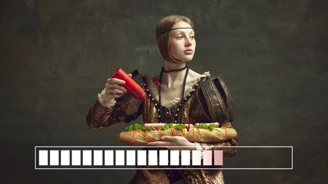 Historical woman serving hot dog with loading bar in surreal portrait. Concept of food delivery loading, fast food app animation, order processing, waiting screen and digital progress status.