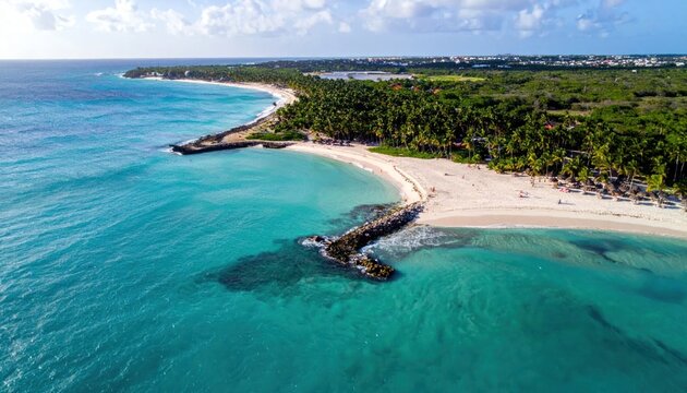 Aerial View of a Tropical Beach Paradise with Turquoise Waters and Lush Greenery.