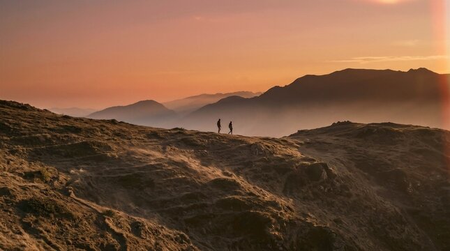 Two Hikers Trek Across Mountain Ridge at Golden Hour Sunset