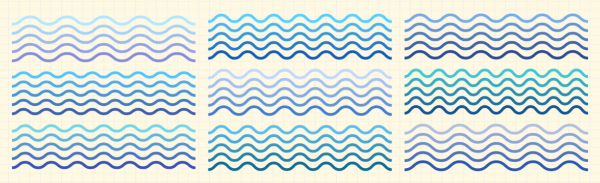 Blue gradient ocean wavy lines borders vector set, Parallel calm sea water waves for summer beach and spa designs